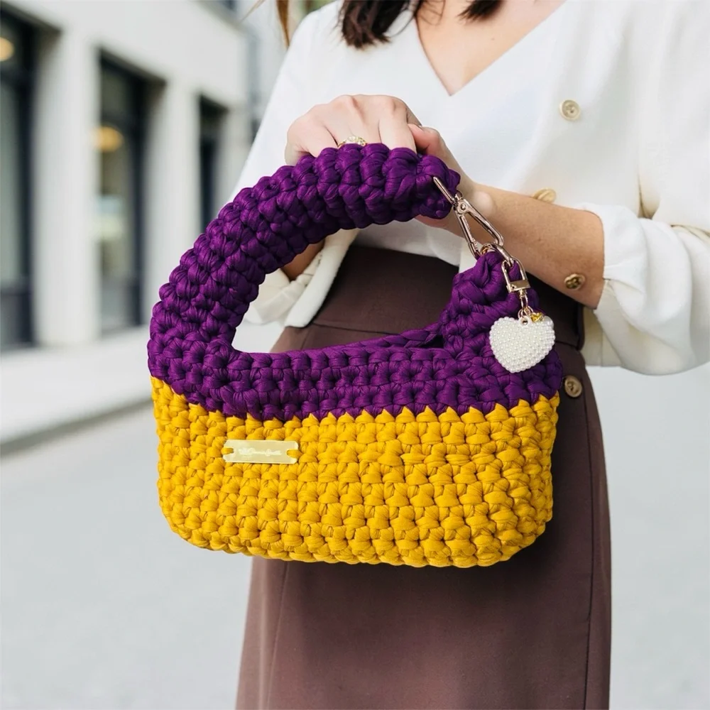 103-Handmade Two-Tone Crochet Bag in Purple and Mustard - Picture 7 of 7